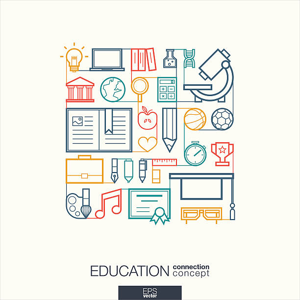Education integrated thin line symbols Modern linear style vector concept, with connected flat design icons. Abstract background illustration for elearning, knowledge, learn and global concepts. tidy home office stock illustrations
