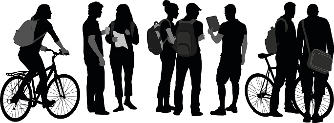 A vector silhouette illustration of a group of university or high school students socializing.  Friends stand together discussion homework.  A young women rides her bike near the group and two young men stand beside their bicycle.