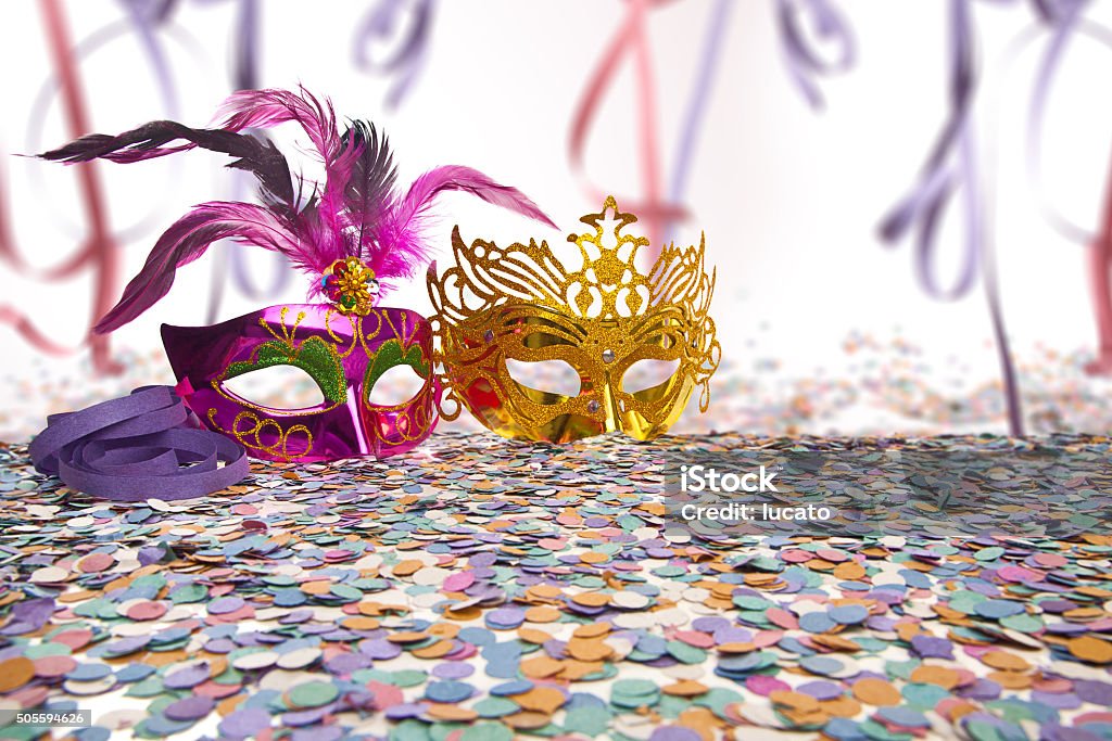Brazilian Carnival background Carnival Party Props on blur background with Brazilian Carnival text Mardi Gras Stock Photo