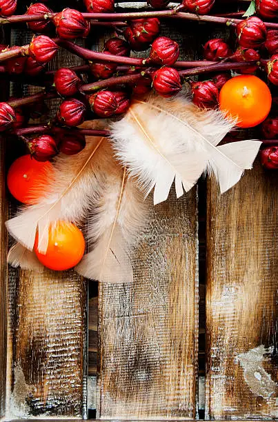 Exotic fruits flowers with candles and feathers on the wooden background