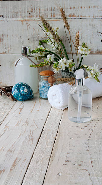 istock Spa set with towel candles and flowers shells 505595454