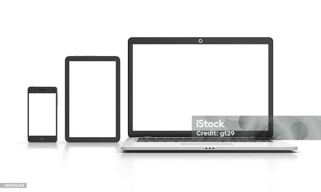 Modern Laptop, tablet and smartphone isolated on white. Laptop Stock Photo