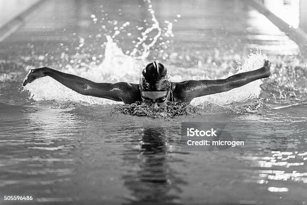 Butterfly Style Swimmer In Action Stock Photo - Download Image Now - Black And White, Sport, Swimming