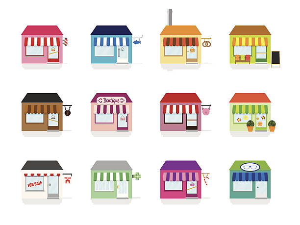 Little Shop Icons Vector Illustration Variety of colorful little shops and stores. Flat design, no gradients. store sign stock illustrations