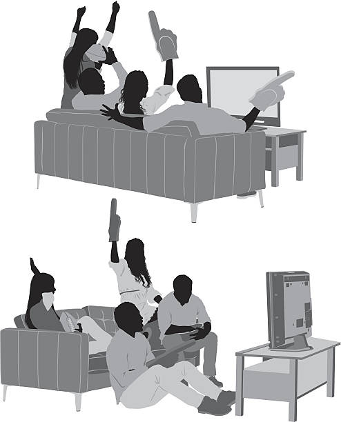 Friends watching football match on TV Friends watching football match on TVhttp://www.twodozendesign.info/i/1.png couch side view stock illustrations