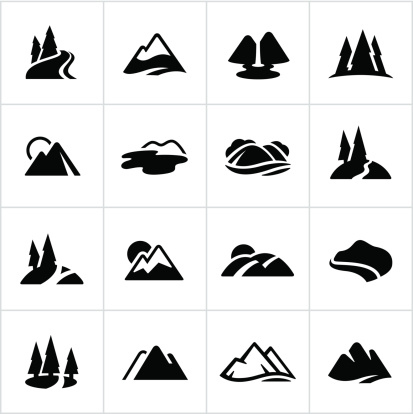 Stylized icons of mountain ranges, hills, bodies of water etc. All white strokes/shapes are cut from the icons and merged allowing the background to show through.