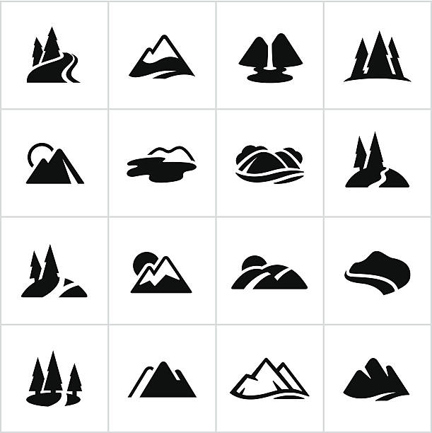 Black Mountains, Hills and Water Ways Icons Stylized icons of mountain ranges, hills, bodies of water etc. All white strokes/shapes are cut from the icons and merged allowing the background to show through. hill stock illustrations