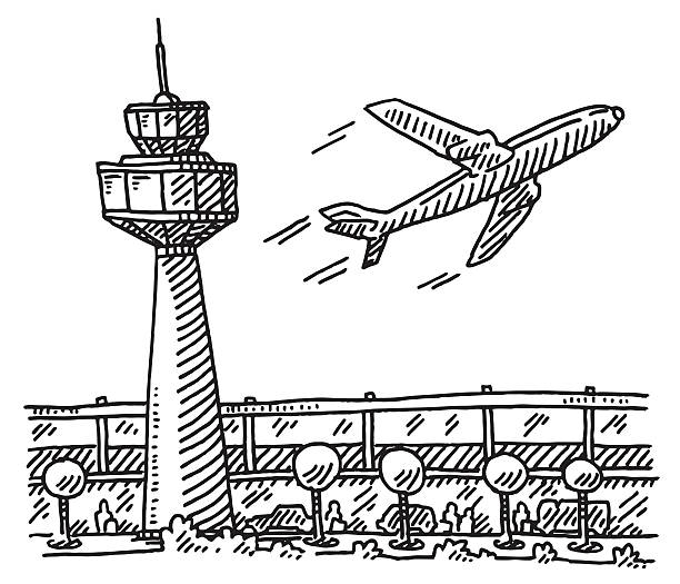 Airport Tower Building Airplane Drawing Stock Illustration - Download Image  Now - Airplane, Air Traffic Control Tower, Sketch - iStock