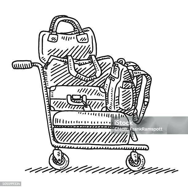 Baggage Trolley Drawing Stock Illustration - Download Image Now - Airplane, Backpack, Black And White