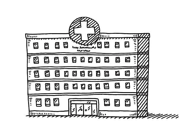Hospital Building Drawing Hand-drawn vector drawing of a Hospital Building. Black-and-White sketch on a transparent background (.eps-file). Included files are EPS (v10) and Hi-Res JPG. hospital drawings stock illustrations