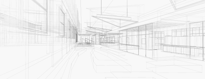 Wireframe of 3D model. Interior of business building.