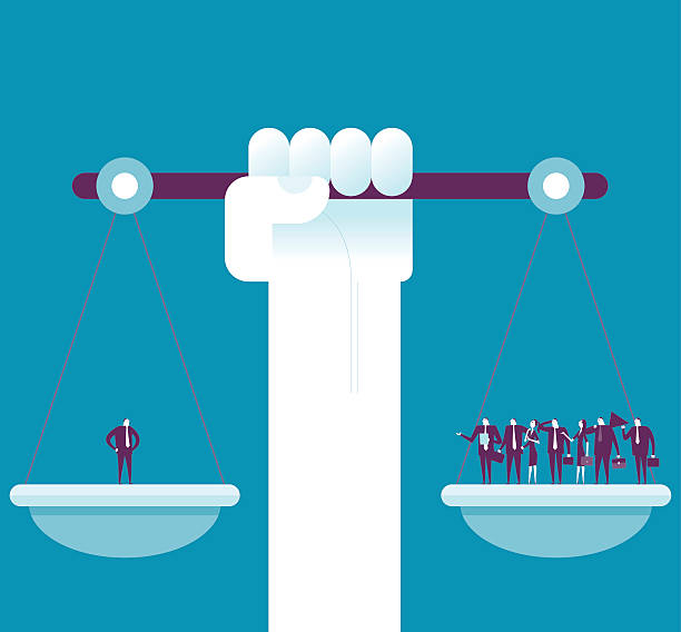 Weighting on the scale. vector illustration - Businessman weighting more than three other business people on a balance on the scale. money shortage stock illustrations