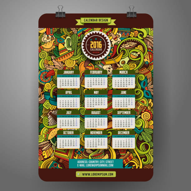 kritzeleien comic lateinamerikanische kalender 2016 jahr - ecuadorian culture stock-grafiken, -clipart, -cartoons und -symbole