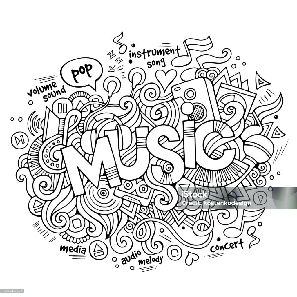 Music hand lettering and doodles elements Music hand lettering and doodles elements and symbols background. Vector hand drawn sketchy illustration Abstract stock vector