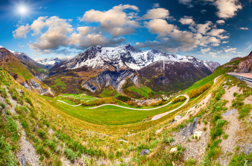 Panorama of the Pass Le Lautaret. Alps, France. Geolocation 45.052196,6.308835