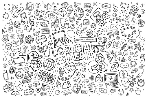 Vector line art Doodle cartoon set of objects and symbols on the Social Media theme
