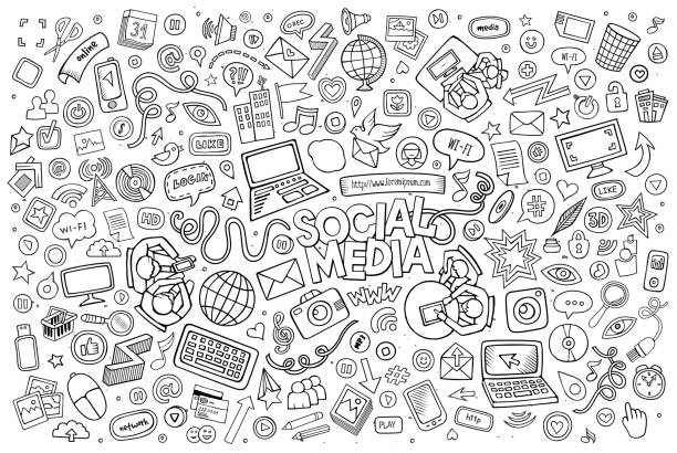 Vector line art Doodle cartoon set of objects and symbols Vector line art Doodle cartoon set of objects and symbols on the Social Media theme keypad illustrations stock illustrations