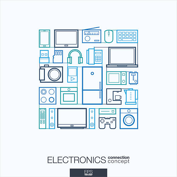 Electronics integrated thin line symbols Modern linear style vector concept, with connected flat design icons. Abstract background illustration for multimedia shop, household and market concepts home recording studio setup stock illustrations