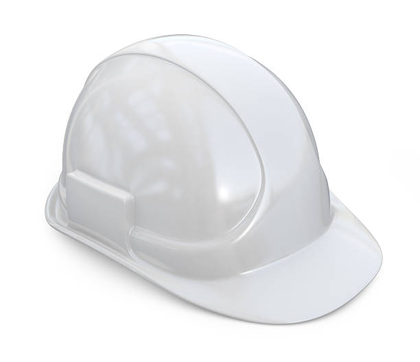 bianco casco, elmetto da cantiere. 3 d icona isolato su sfondo bianco - white hardhat foto e immagini stock