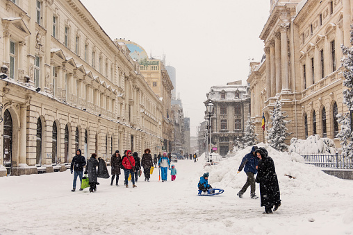 Bucharest, Romania – January 17, 2016: Bucharest downtown after massive snowing that caused traffic chaos much of the traffic in urban Bucharest was jammed.