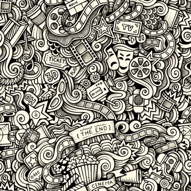 Vector illustration of Cartoon hand-drawn doodles on the subject of Cinema style theme