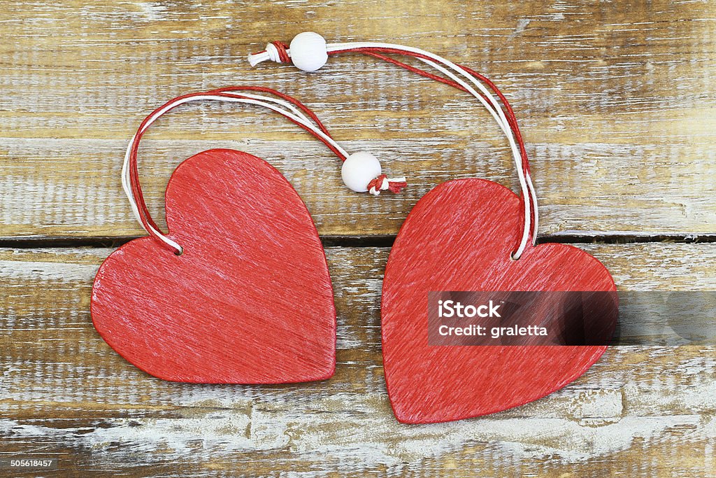 Two Red Wooden Hearts On Wooden Surface Stock Photo - Download Image Now -  Attached, Brown, Close To - iStock