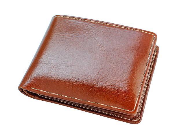 Brown leather wallet isolated white background stock photo