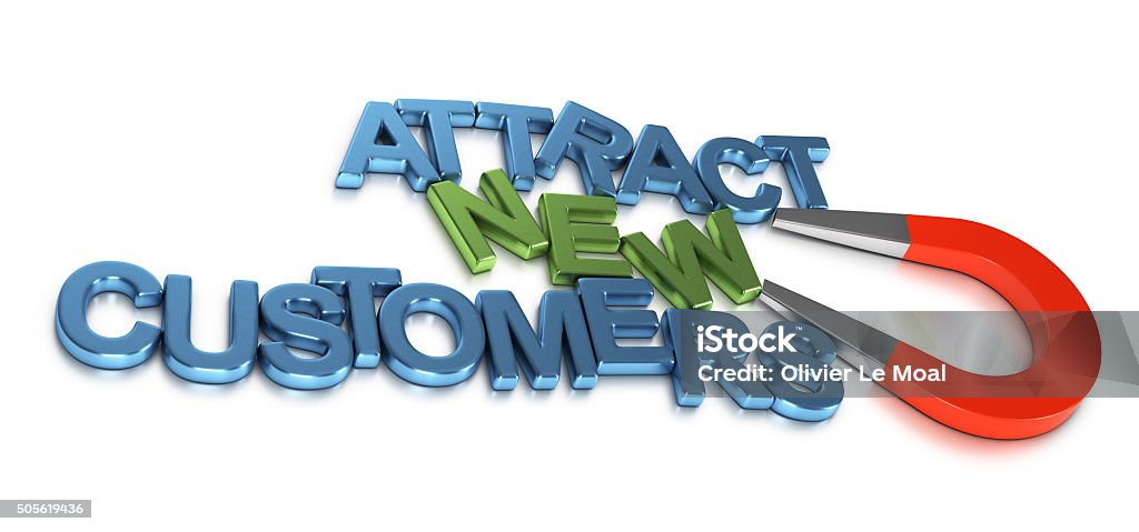 Attract New Customers, Business Development Horseshoe magnet attracting metal letters forming the text attract new customers. 3D rendering image for illustration of business development or commercial prospection. Customer Stock Photo