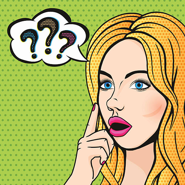 Vector illustration pop-art stupid blonde woman thinking with question marks Vector pop art stupid woman face with question marks. Blonde thinking woman with open mouth comics style illustration. clip art of dumb blonde stock illustrations