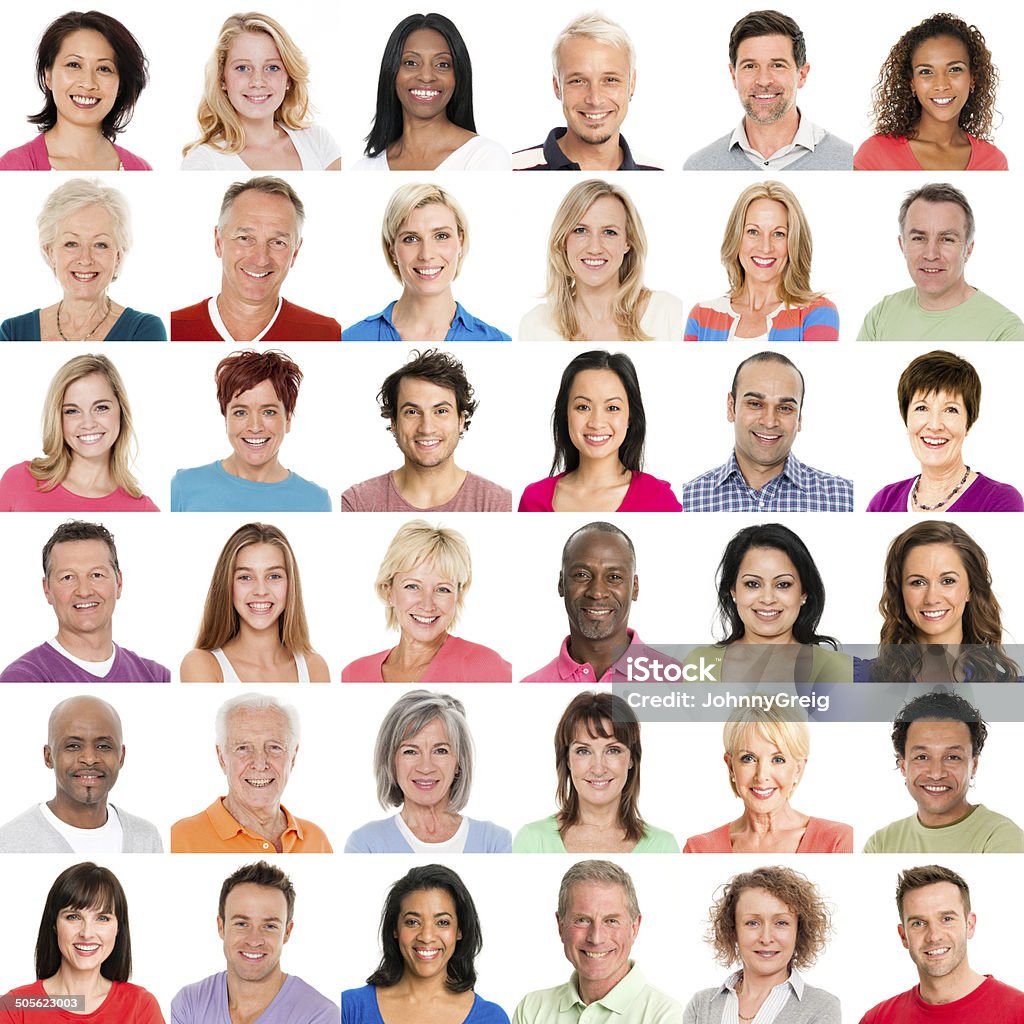 Diverse People Smiling Portraits of diverse multiracial people smiling. Faces of the world. Humanity. Human kind. 36 different people on white background. Human Face Stock Photo