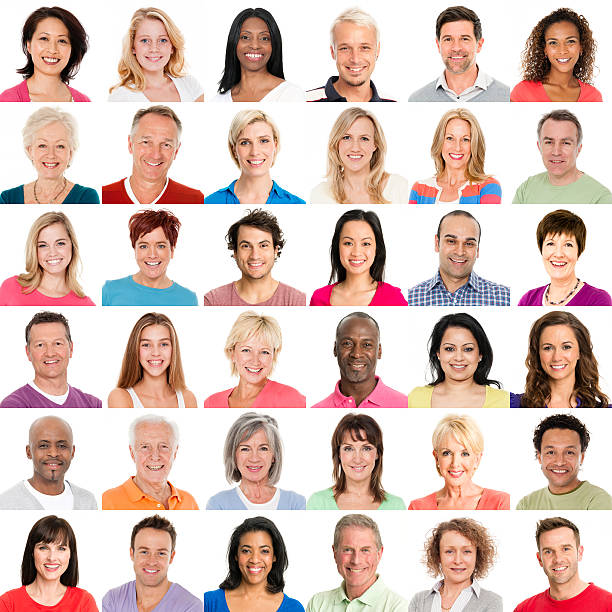 Diverse People Smiling Portraits of diverse multiracial people smiling. Faces of the world. Humanity. Human kind. 36 different people on white background. mixed age range photos stock pictures, royalty-free photos & images