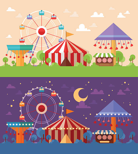 ilustraciones, imágenes clip art, dibujos animados e iconos de stock de retro plana funfair paisaje con las atracciones de diversiones - parque de atracciones ilustraciones