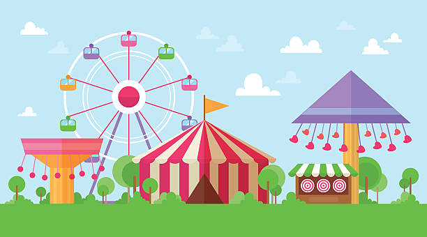 Flat Retro Funfair Scenery with amusement attractions Flat Retro Funfair Scenery with amusement attractions and carousels in colorful cartoon vintage style traveling carnival illustrations stock illustrations