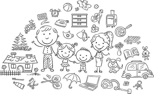 Vector illustration of Family life set, black and white outline
