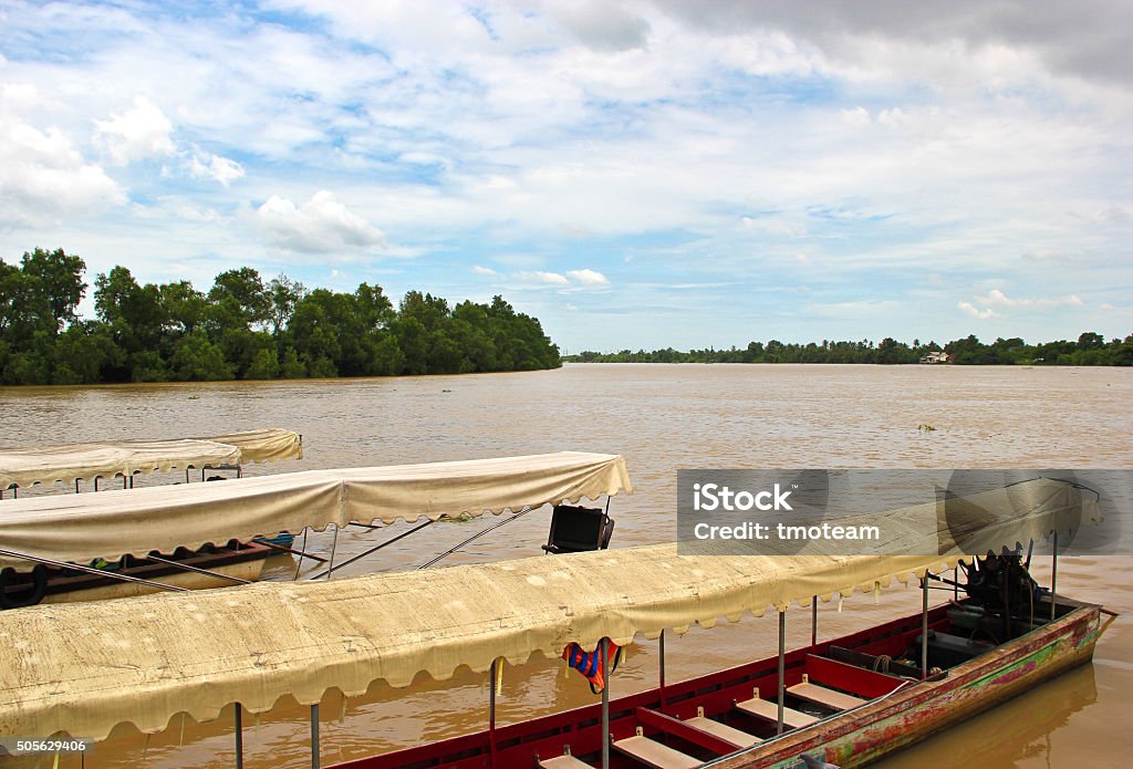 Boats for hire Hire boat for cross the river. The Bangpakong river located in Chachoengsao Thailand. Asia Stock Photo