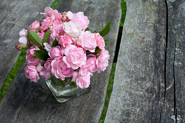 istock small pink garden roses on wooden surface 505632693