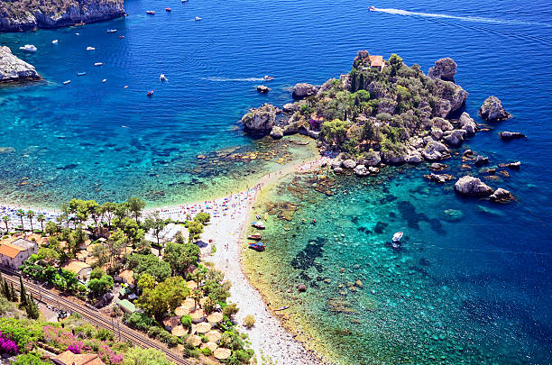 Taormina Beach, Sicily Isola Bella is a small island near Taormina, Sicily, southern Italy isola bella taormina stock pictures, royalty-free photos & images