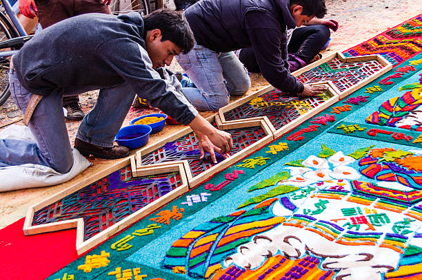 Making a Holy Week processional carpet close-up, Antigua, Guatemala stock photo