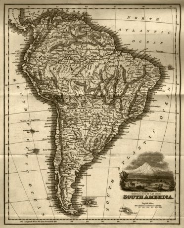 A steel engraving of a map from the early 19th century of Brazil and Paraguay in South America, from “A System of Geography, Popular and Scientific, or A Physical, Political, and Statistical Account of the World and its Various Divisions. Volume VI, Part II” by James Bell and published by A. Fullarton & Co., Glasgow, in 1838.