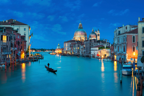 view on big canal of Venice, Italy. Night scene with lights on the Santa Maria della salute
