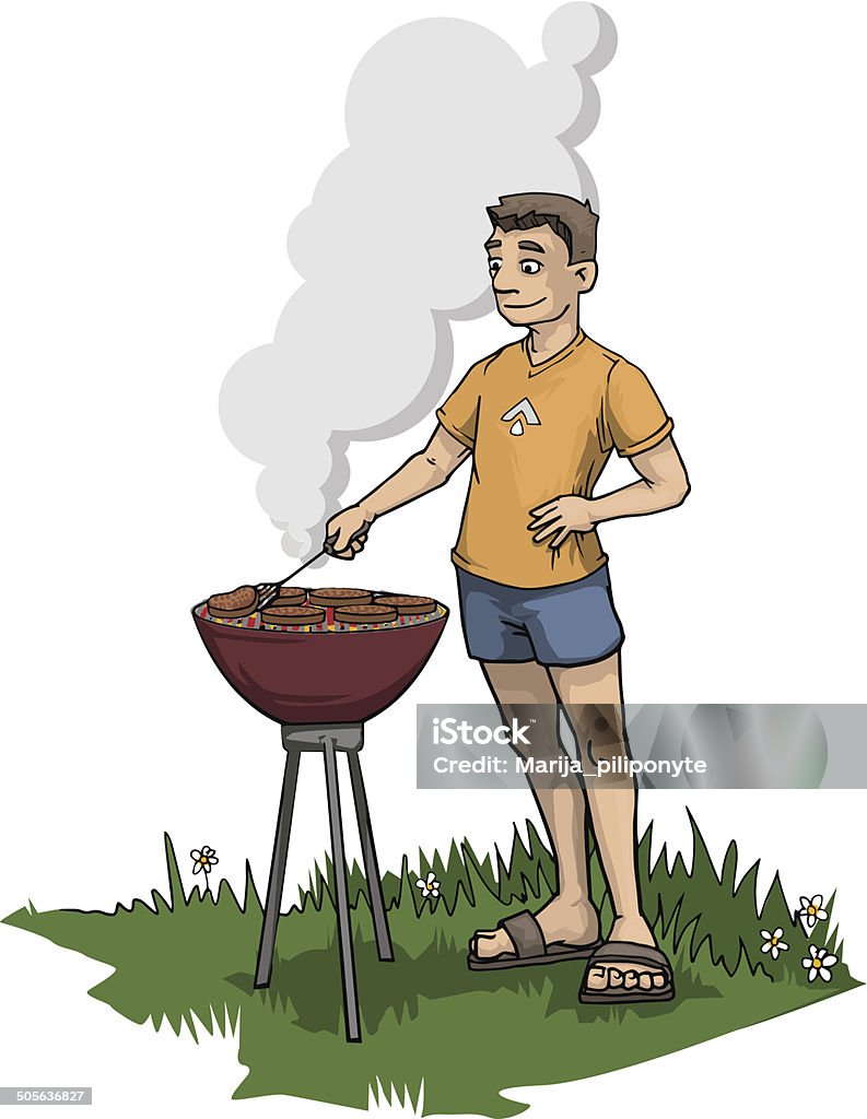 BBQ Man with a barbecue grill, making burgers outside, smiling Cooking stock vector