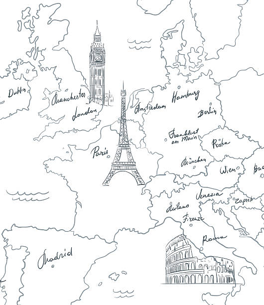 Hand drawn tourist map with sights of Europe Hand drawn tourist map with sights of Europe, vector paris fashion stock illustrations