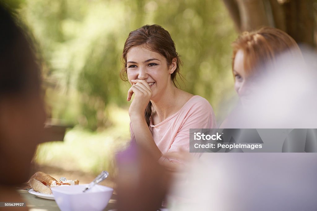 You can't hold back the laughter for long Shot of teenage friends having a picnic at a table in the park 14-15 Years Stock Photo