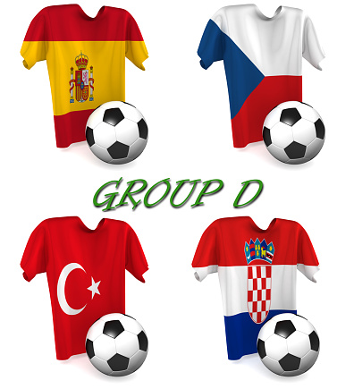 Three dimensional render of a t-shirt and ball depicting the four teams in group D