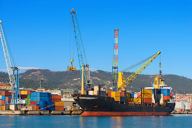 Container Ship in the Harbor Container ship and crane in the harbor of La Spezia, Liguria, Italy spezia stock pictures, royalty-free photos & images