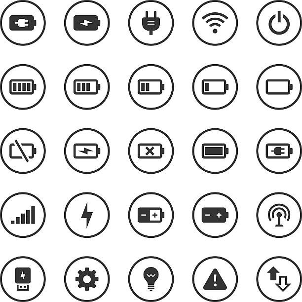 illustrations, cliparts, dessins animés et icônes de circle ensemble d'icônes & batterie/puissance - batterie