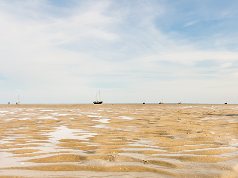 Vlieland, Netherlands - May 31, 2014: Sandflats at ebb tide, the wetlands of the Dutch Waddensea, Netherlands