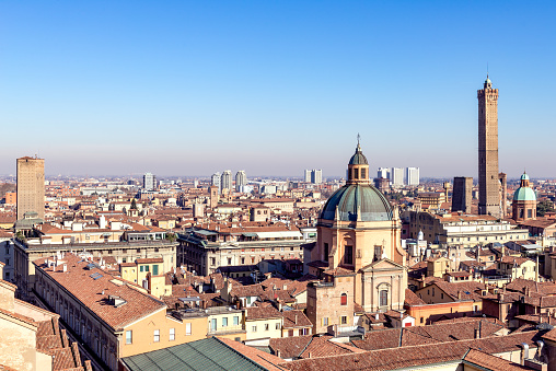 An aerial view of the medieval city of Bologna.