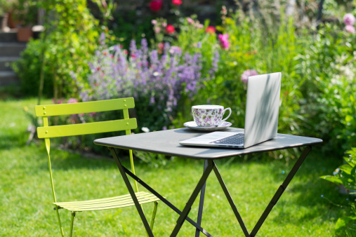 garden laptop computer table chair cup tea green
