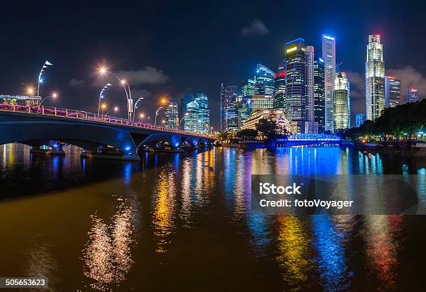 Singapore Central Business District Futuristic Neon Night Reflecting In River Stock Photo - Download Image Now